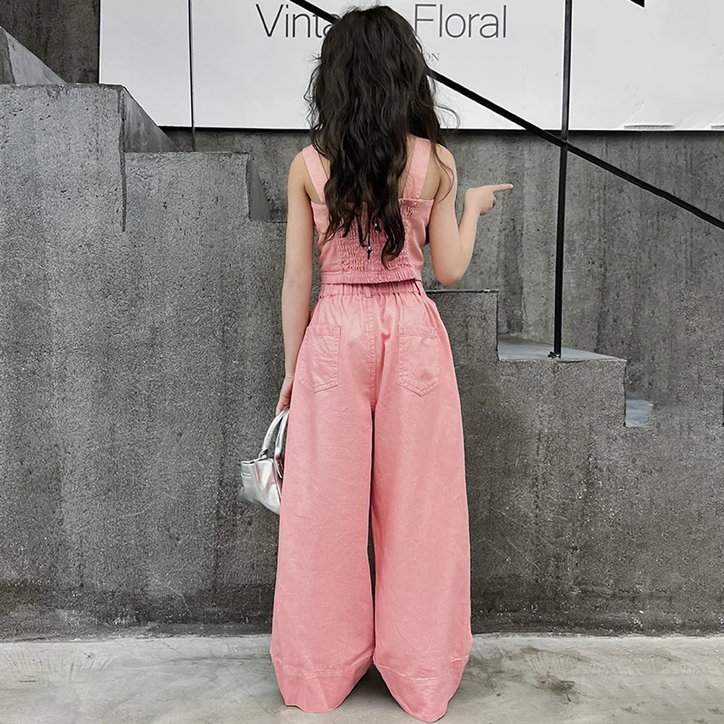 2026 Summer Youth Design Girl's Clothes Sling Tank Top+Versatile Wide Leg Pants 2pcs Set Children's Clothing Children's Clothing
