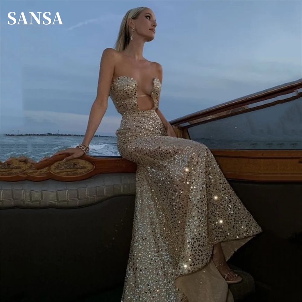 Sansa Luxury Beading Mermaid Prom Dress Glitter Sequins Strapless فستان حفلات الزفاف Sexy Chest Hollow Out Robes De Soirée