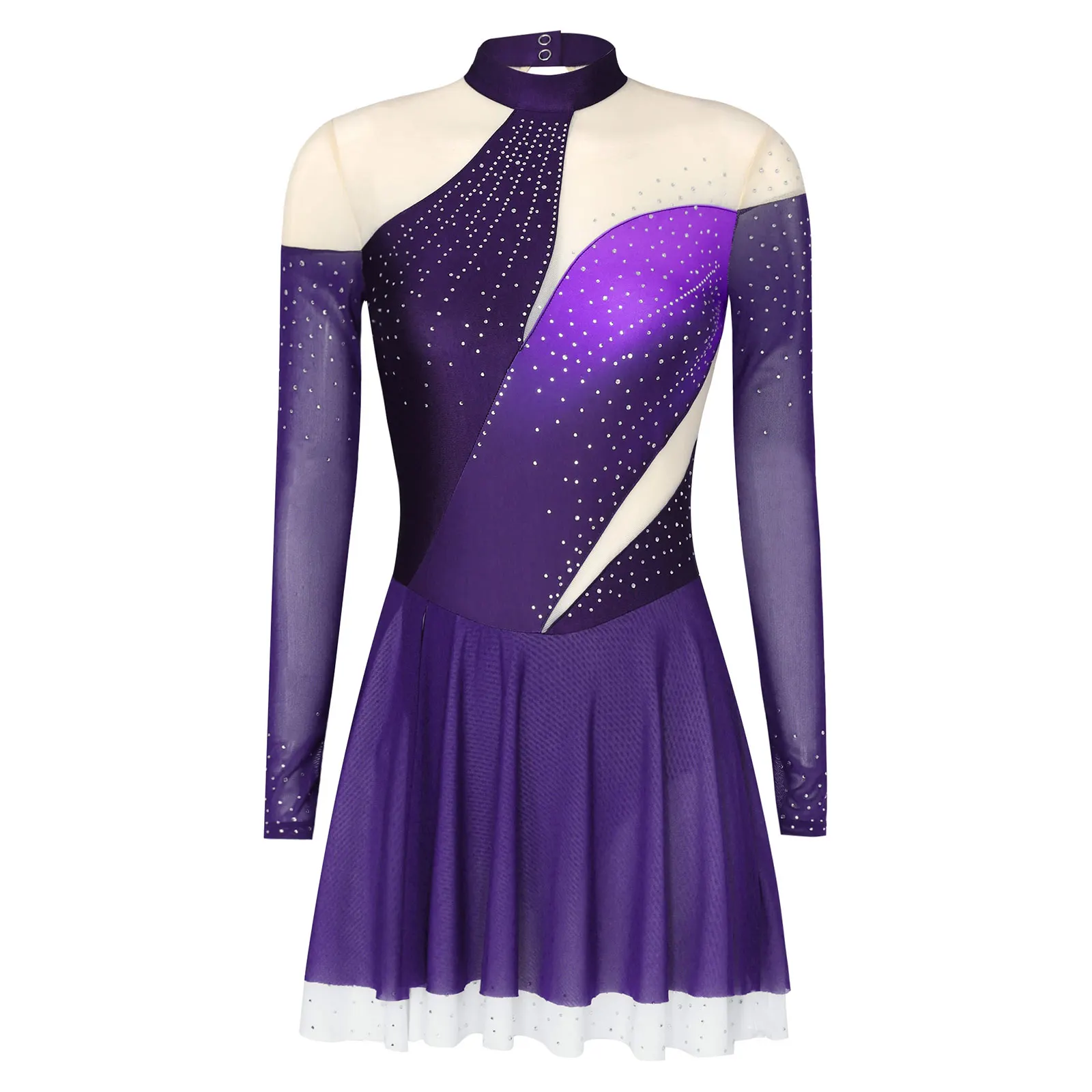 

Women Competition Figure Skating Dress Gradient Rhinestone Long Sleeve Mesh Mock Neck Dress Lyrical Ballroom Latin Dance Costume
