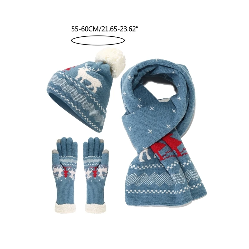 Conjunto de gorro de punto para adultos y adolescentes, conjunto de guantes y bufanda con patrón de Reno y árbol de Navidad, traje de vacaciones de invierno