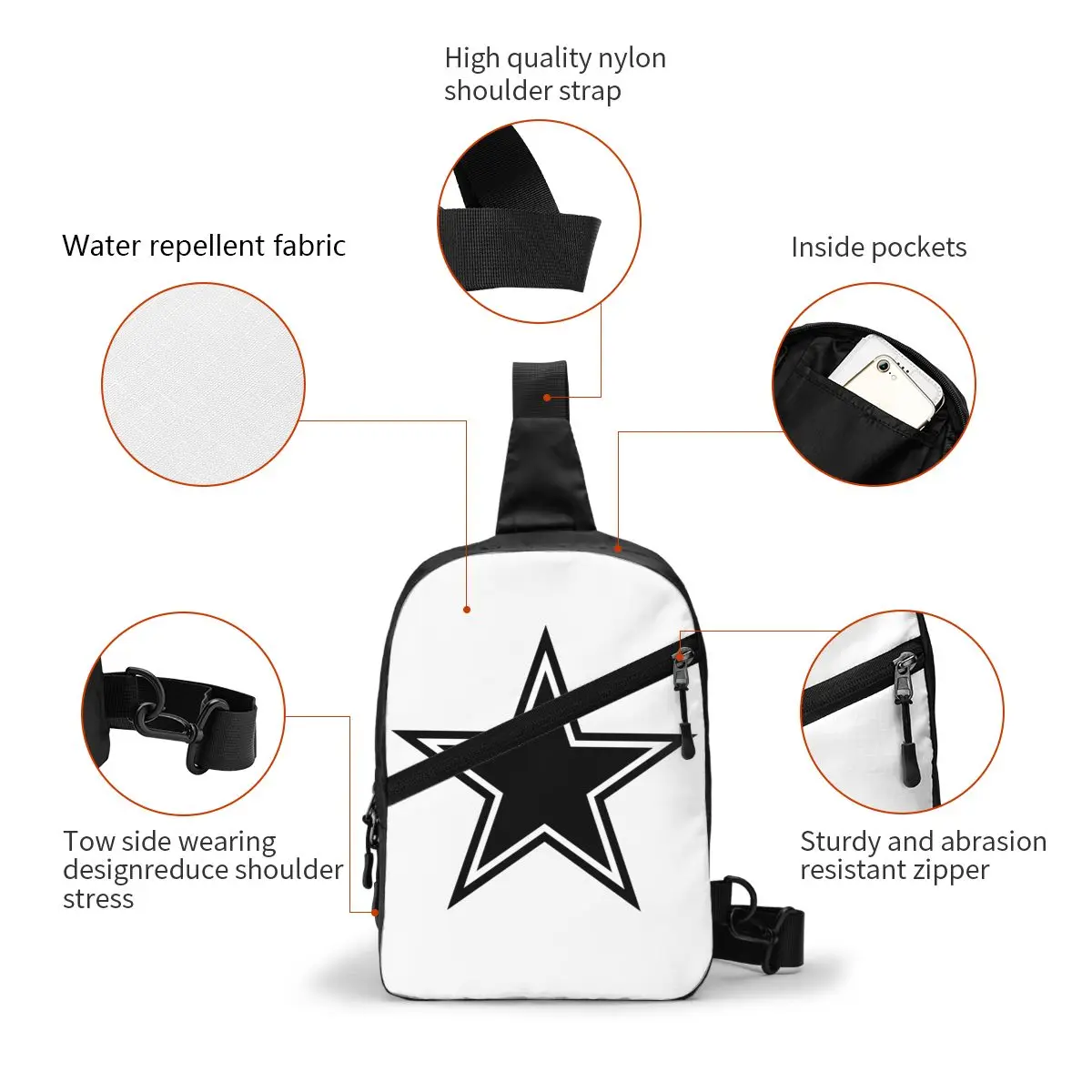 Casual Cowboy Star Sling Bag para Ciclismo Camping Homens Peito Crossbody Mochila Ombro Daypack