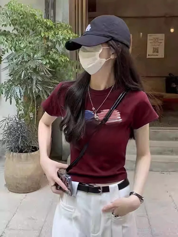 Korean Style Heart Print Short Sleeve T-Shirt Women's Slim Fit Fashionable Summer New round Neck Cotton Top Anti-Pilling