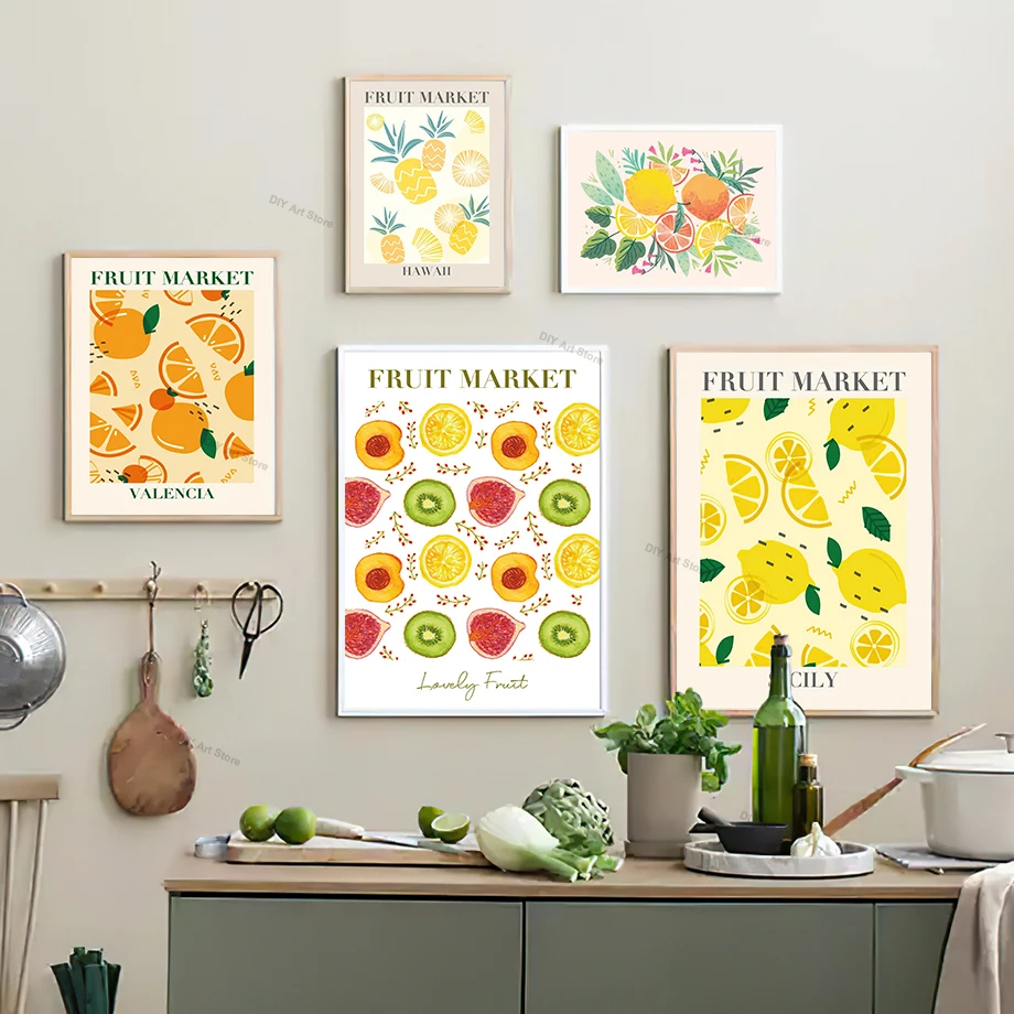 Vintage William Morris Fruit Market Wall Art Print Lemon Orange Peaches Canvas Poster Picture Restaurant Kitchen Room Home Decor