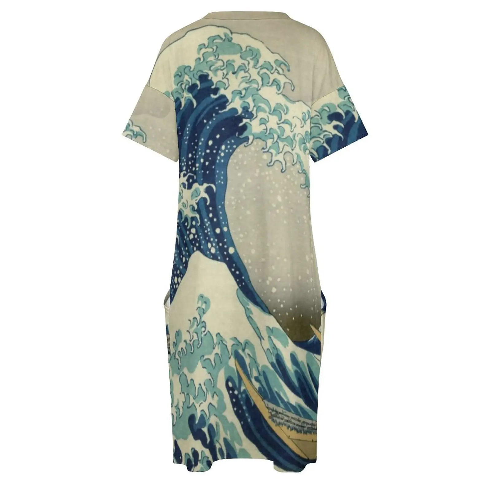 ภูเขาชุดลำลองฤดูร้อน Great Wave Off Kanagawa ชุดน่ารักหญิง V คอกราฟิก Street Gaun Modis Plus ขนาด5XL