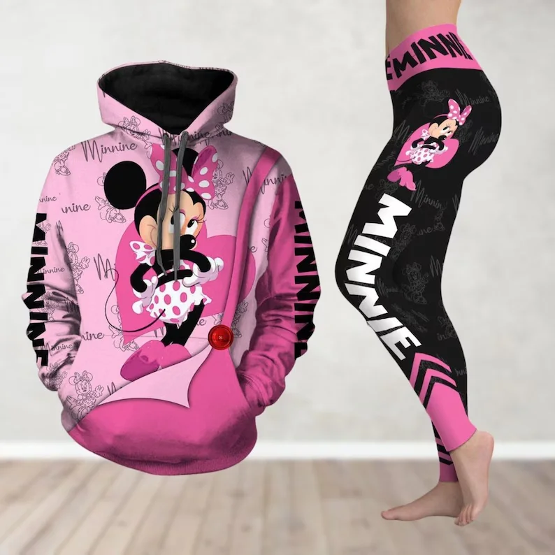 Costumes Disney Minnie Mouse, Leggings à capuche, costume pour femmes, pantalon de Yoga Mickey, sweat-shirt, mode d'automne, costume de sport