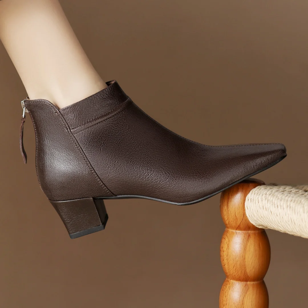 

Women's sheepskin square toe back zip autumn ankle boots 4.5cm thick med heel elegant ladies short booties high quality shoes