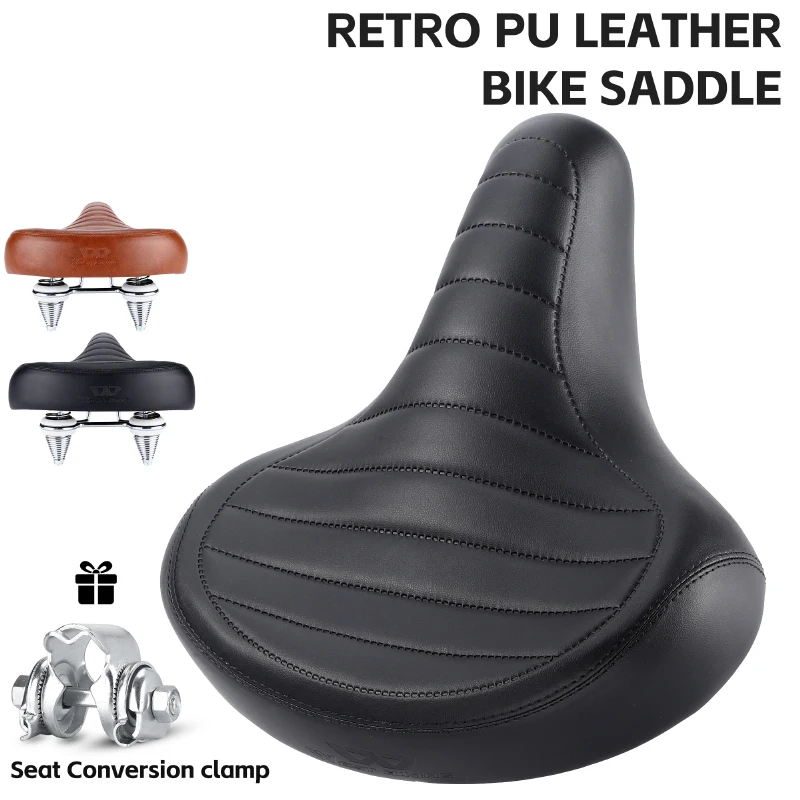 سرج دراجة عتيق بني ناعم ممتص للصدمات، مقعد جلدي مريح واسع لملحقات الدراجة الكهربائية MTB