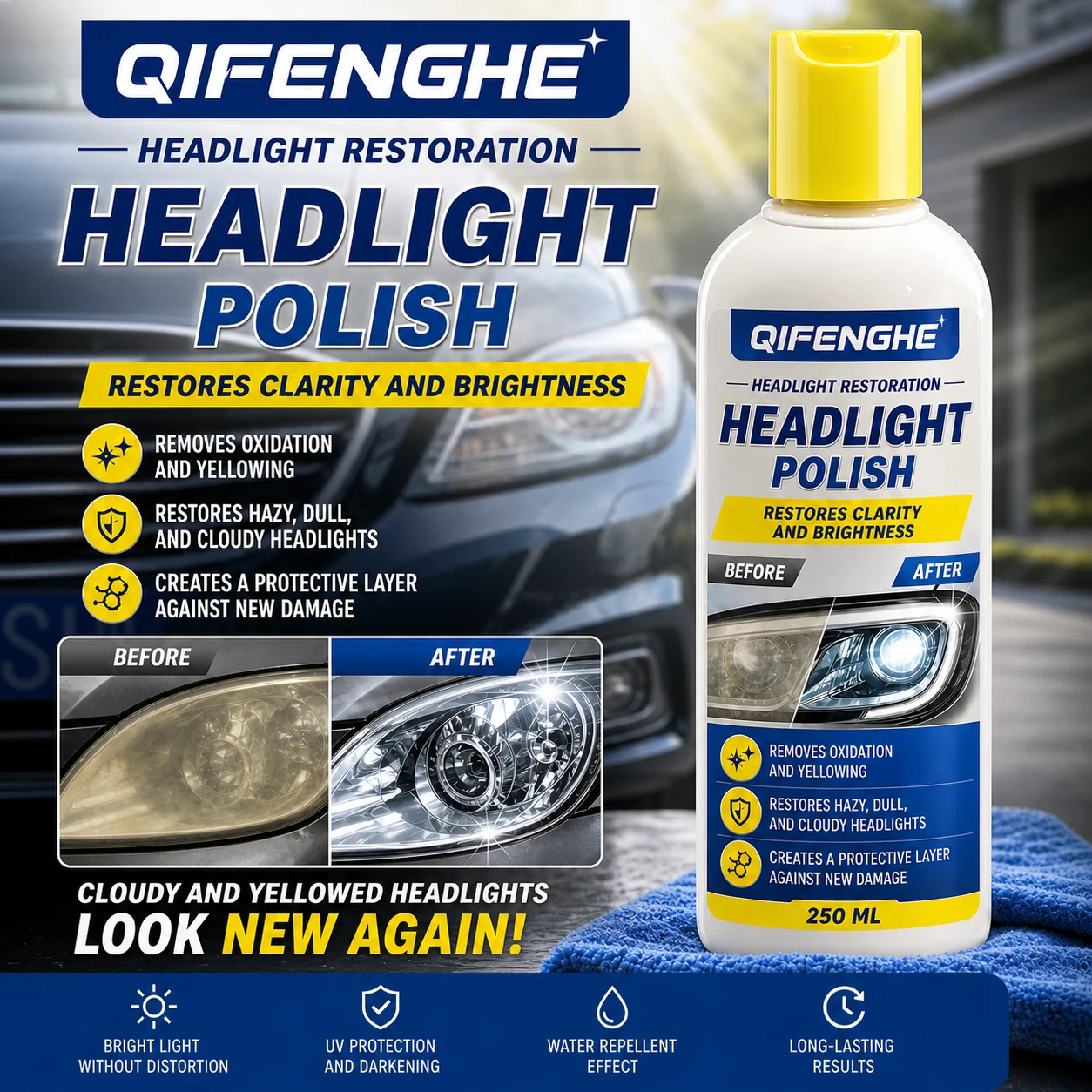 QIFENGHE 250ml Car Headlight Polish, Headlamp Oxidation Yellowing Remover, Restore Cloudy Faded Lens Clarity & Brightness, UV Pr