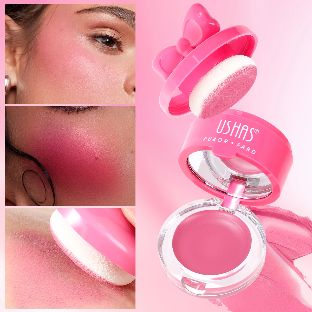 USHAS, verkrijgbaar in 8-kleuren, blushcrème, met spiegel, gezichtscrème en poeder in één verpakking, waterdicht.