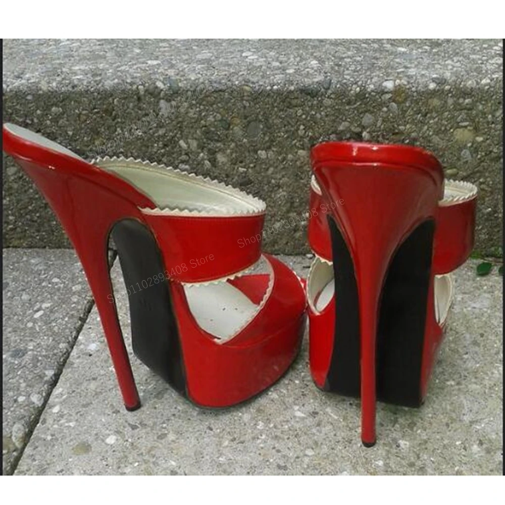 Red Patent Leather Peep Toe Slippers Waterproof Stiletto High Heel Slip on Sexy Fashion Women Shoes 2024 New Zapatos Para Mujere