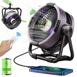 Camping Fan 20000mAh Rechargeable Portable Outdoor Camping Fan Wireless Camping Air Circulator Tent Ceiling Fan with LED Light