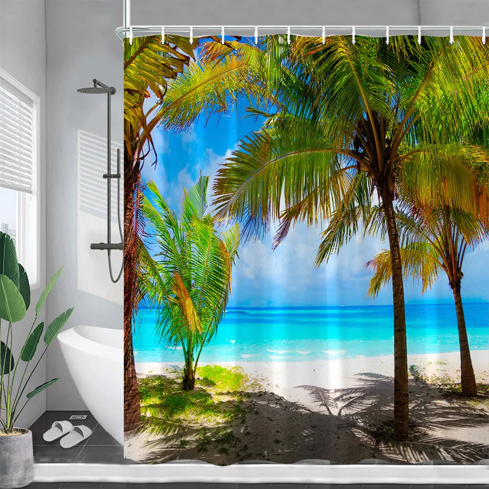 

Beach Coconut Tree Shower Curtains Island Tropical Plant Nature Ocean Scenery Polyester Fabric Bathroom Curtain Decor with Hooks