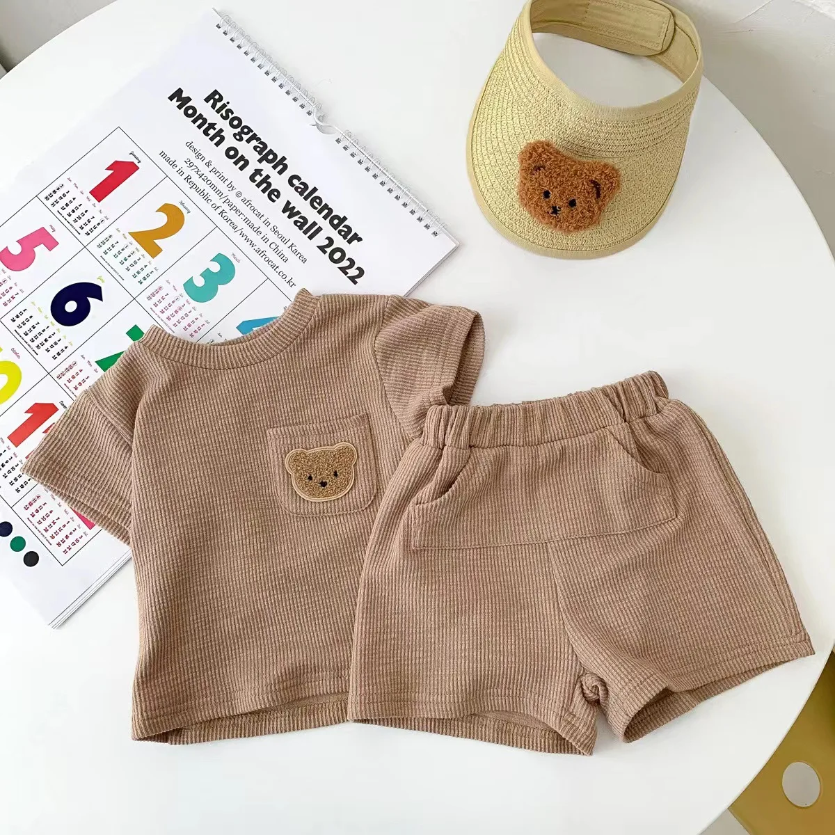 Summer Solid Color Tracksuits Boys And Girls T-shirt+Shorts Simple Casual O-neck Tops Toddler New Sets Cute Bear Print Two-piece