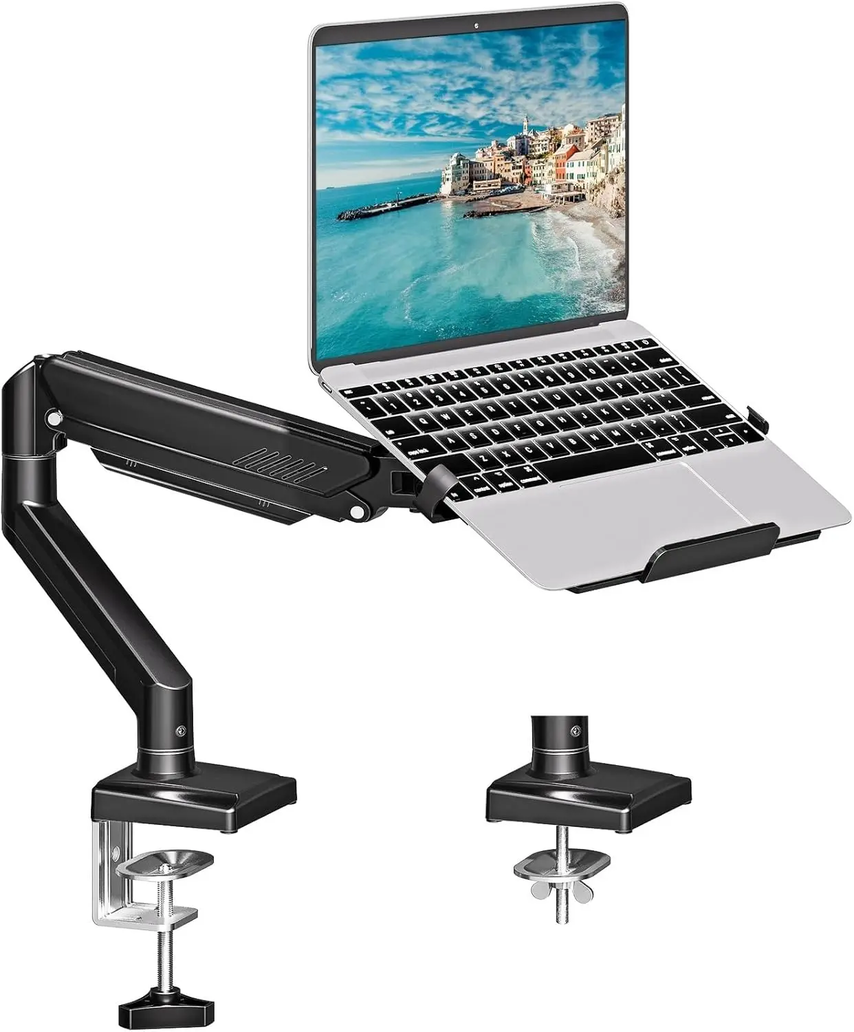 

Adjustable 2-in-1 Laptop and Monitor Stand, Holds Up to 22lbs for 17" Notebook & 32" Screen with Clamp/Grommet Mount