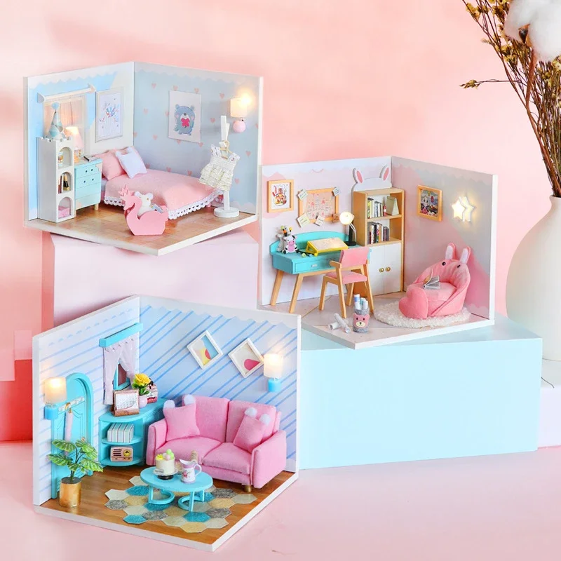 

Mini Bedroom Kitchen Casa Dollhouse DIY Wooden Doll Houses Miniature Building Kits with Furniture Toys for Girls Birthday Gifts