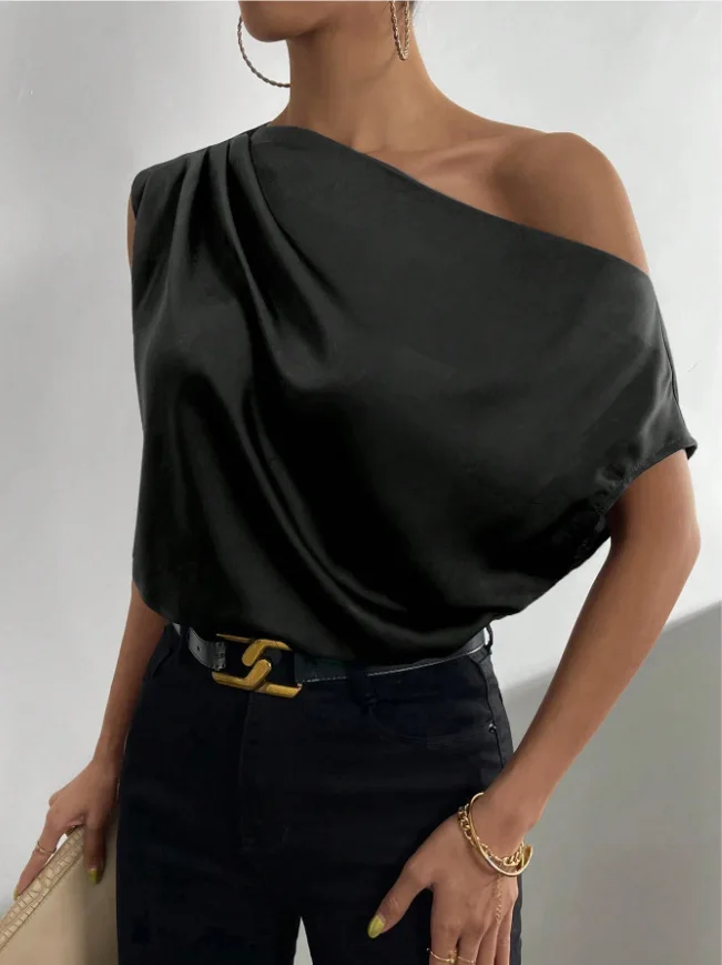 Women's Blouses and Shirts Sexy Short Sleevee Blouses Lady Trend 2026 Summer Simple Slant Neck Tops Blusas De Mujer