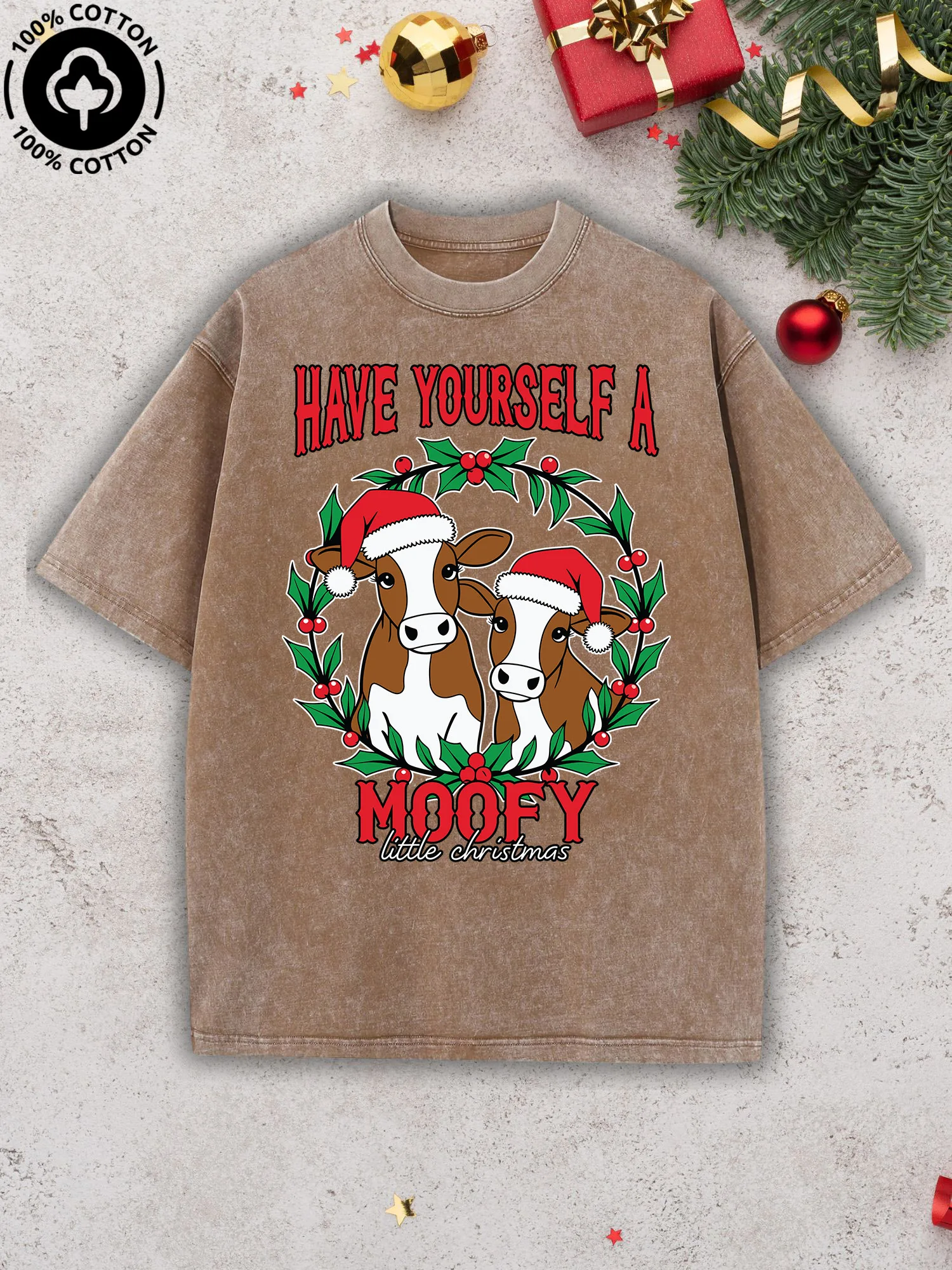 

Have Yourself A Moofy Xmas Men's Graphic Tee, Pure Cotton Vintage Camel T-Shirt, Retro Street Drop Shoulder Tee