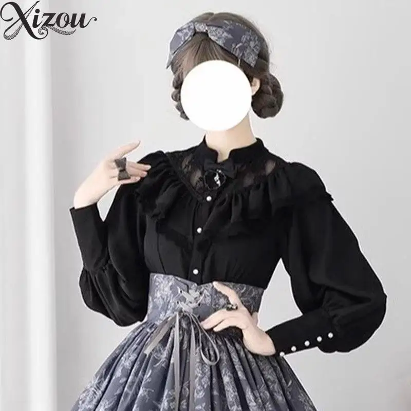 

Japanese Shirt Kawaii Lolita Blouse Stand-Up Collar Pearl Buttons Lace Patchwork Bow Spring Autumn Harajuku Sweet ​White Black