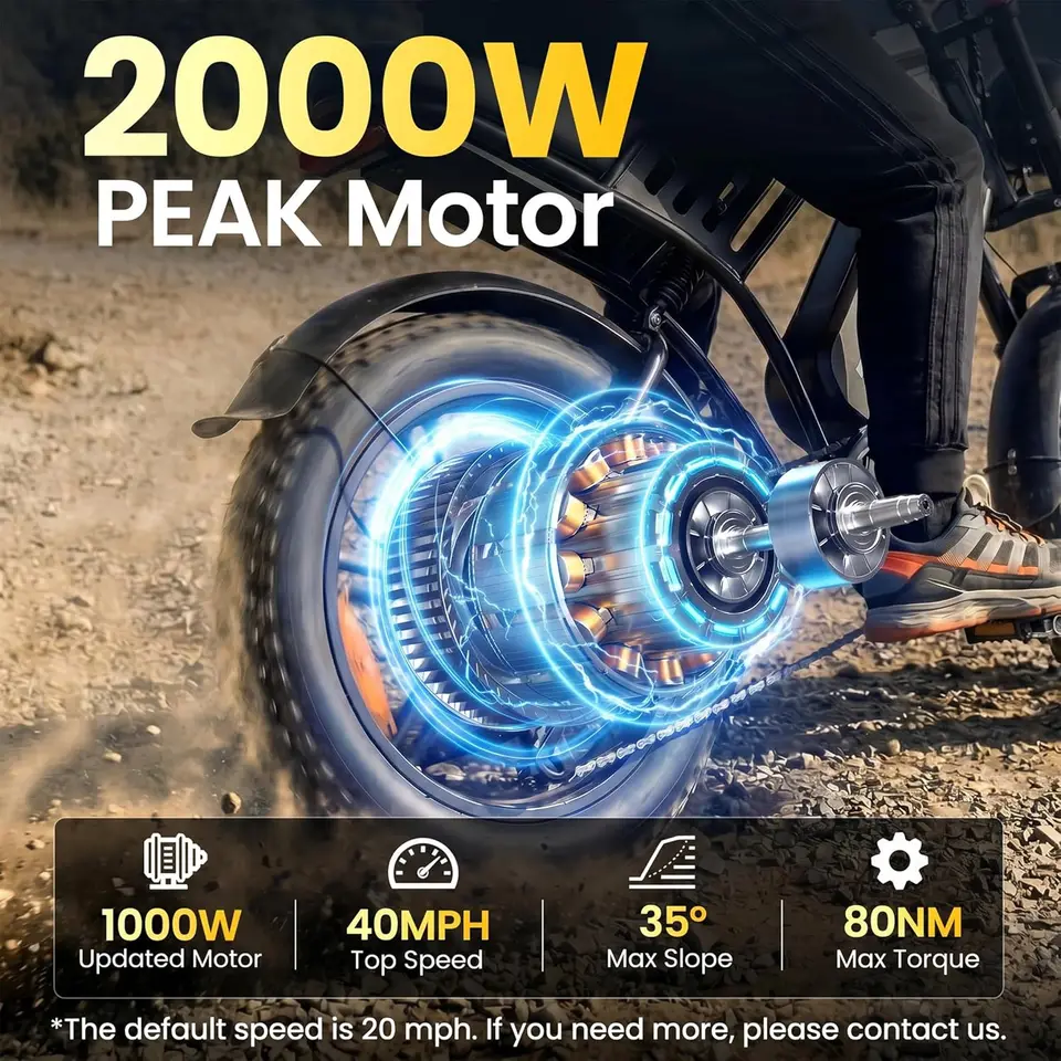 Electric Bike for Adults, 1500/2000W Peak E-Bike, 48V 15/25/50Ah Removable Battery, 60/80/160 Miles Range, 20" Fat Tire All-Terr image 6