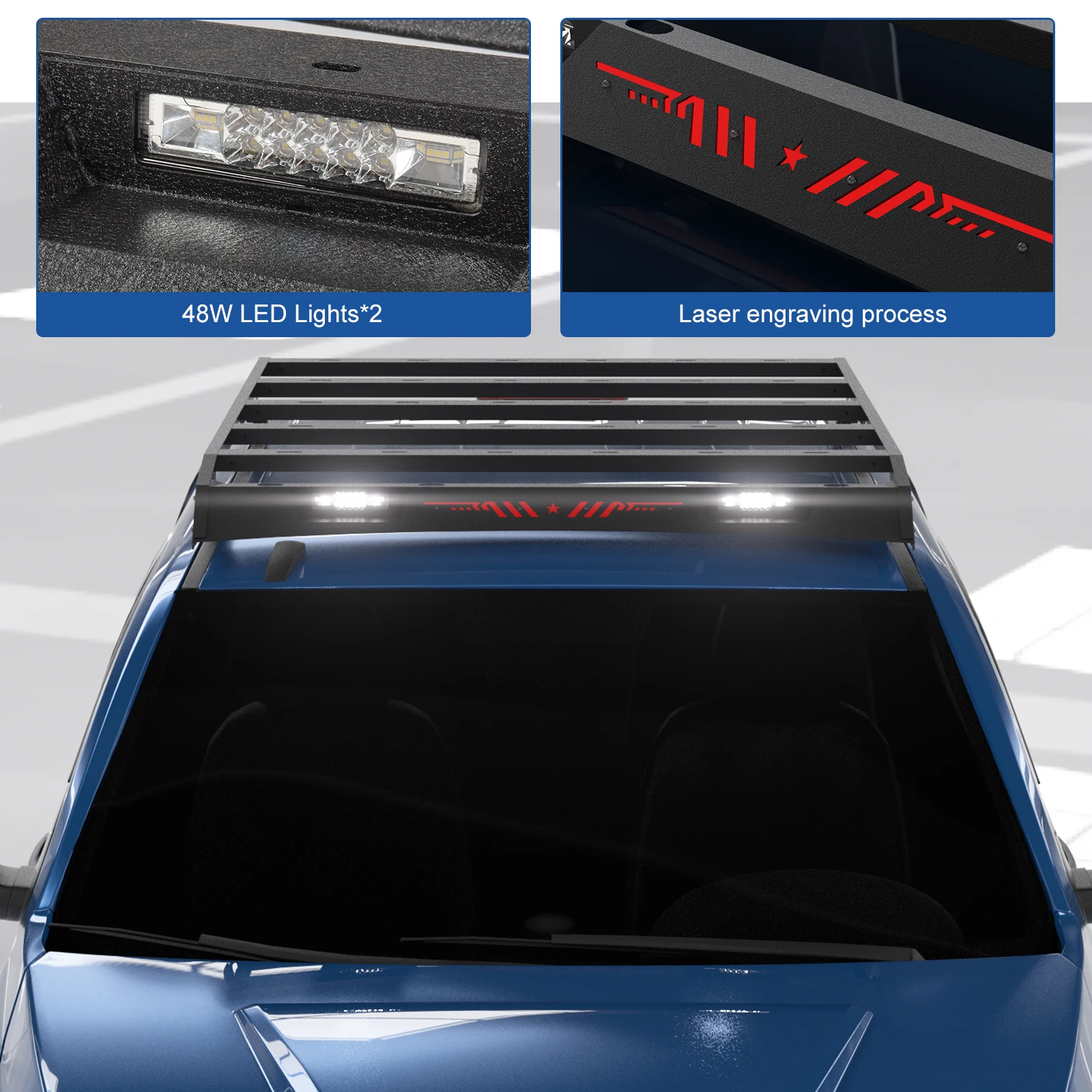 رفوف السقف لسيارة Toyota Tundra CrewMax (طاقم) موديلات الكابينة سلة البضائع/رف الأمتعة إطار قابل للإزالة مع أضواء LED #4