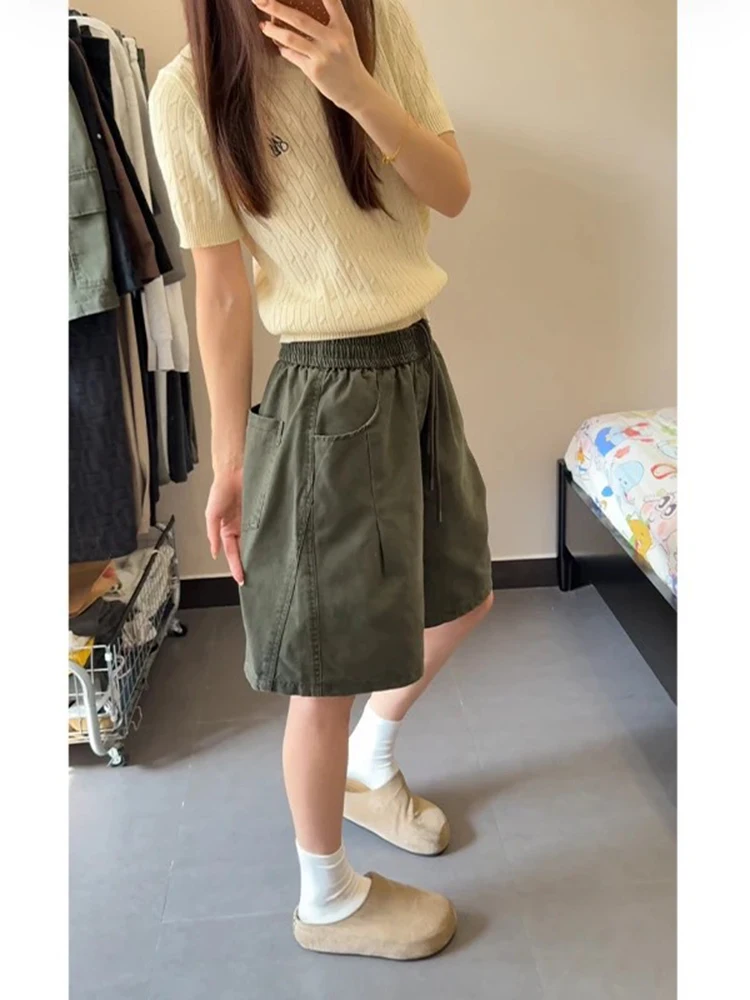Military Green Pure Cotton Washed Shorts High Waist Straight Leg Casual American Style Five-Point Pants for Men Summer Leisure
