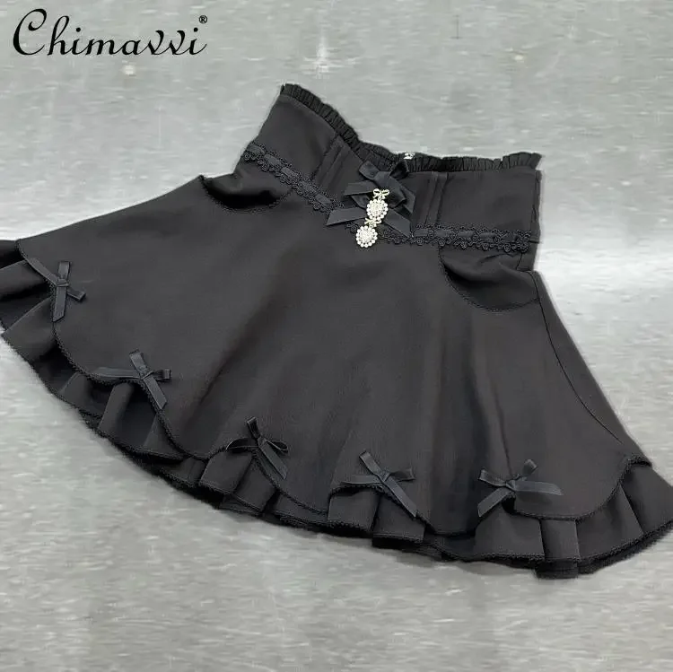 Japanese Mine Mass- Produced High-waisted Sweet Rhinestone Bow Black Plaid Skirt Girls Women's Autumn Lolita Short A-line Skirts