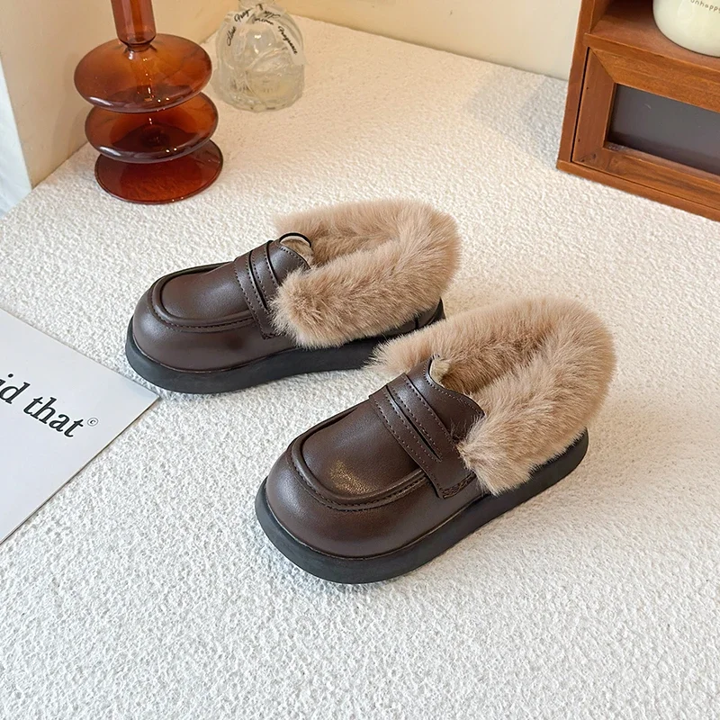 

Winter Girls Furry Cotton Shoes Warm Hairy Children Outdoor Causal Shoes Non-slip Simple Kids Fashion Plush Shoes Black Brown