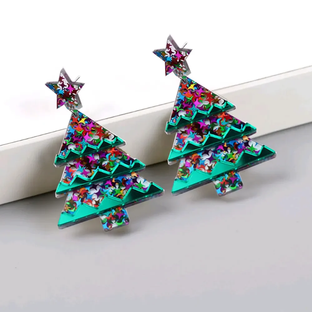 

1pair Christmas Tree Stying Decoration Earrings Women Girls Trendy Colorful Stars Xmas Tree Party Originality Gift