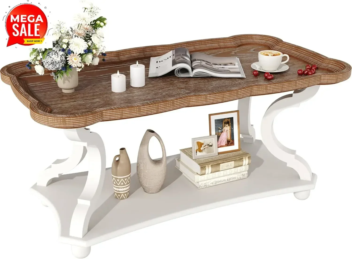 French Country Rectangle Accent Table Two Tier Storage Shelf Natural Tray Top Curved Legs Farmhouse Coffee Table For Living Room