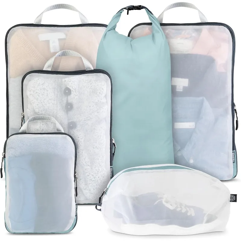 Large Packing Cube Set with See Through Mesh- Compression Packing Cubes Travel Organizers (Dusty Teal)