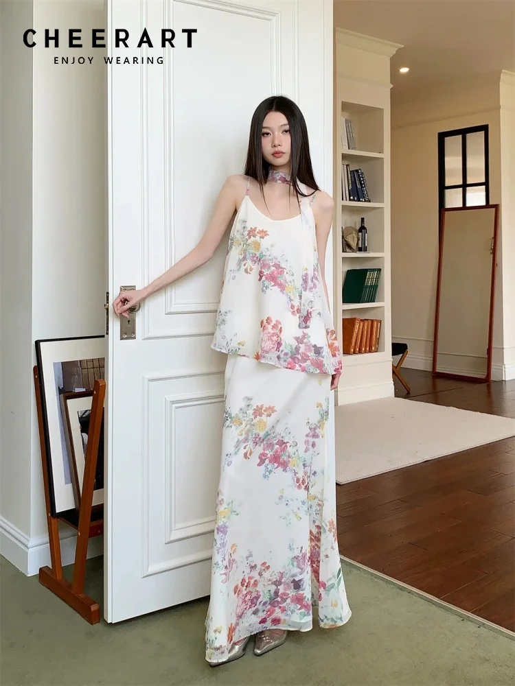 

CHEERART Designer Floral White Summer Outfit 2 Pieces Set For Woman Cami Top And Long Maxi Skirt Set Matching Sets Outfits