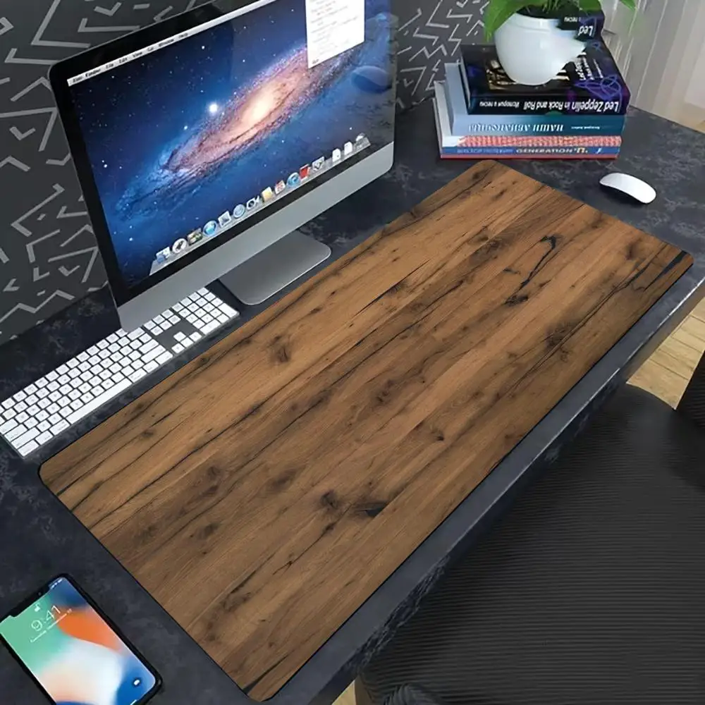 Vintage Wood Grain Large Desk Mouse Pad, Retro Wooden Texture Extended Desk Mat Stitched Edge Non‑Slip Rubber Base Keyboard Mat