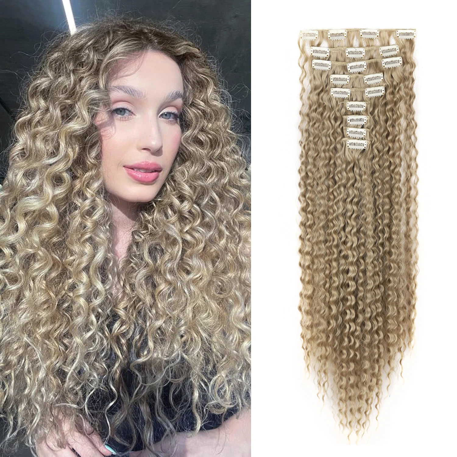 22 Inch Curly Thick Synthetic Hair Extensions Clip in 9Pcs/Set 145g Full Head Black Brown Color