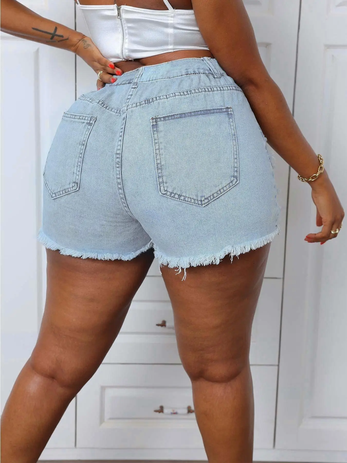 【Plus Size】 Szorty jeansowe, codzienne modne krótkie jeansy z przetarciami do codziennego noszenia na świeżym powietrzu, odzież damska plus size na lato