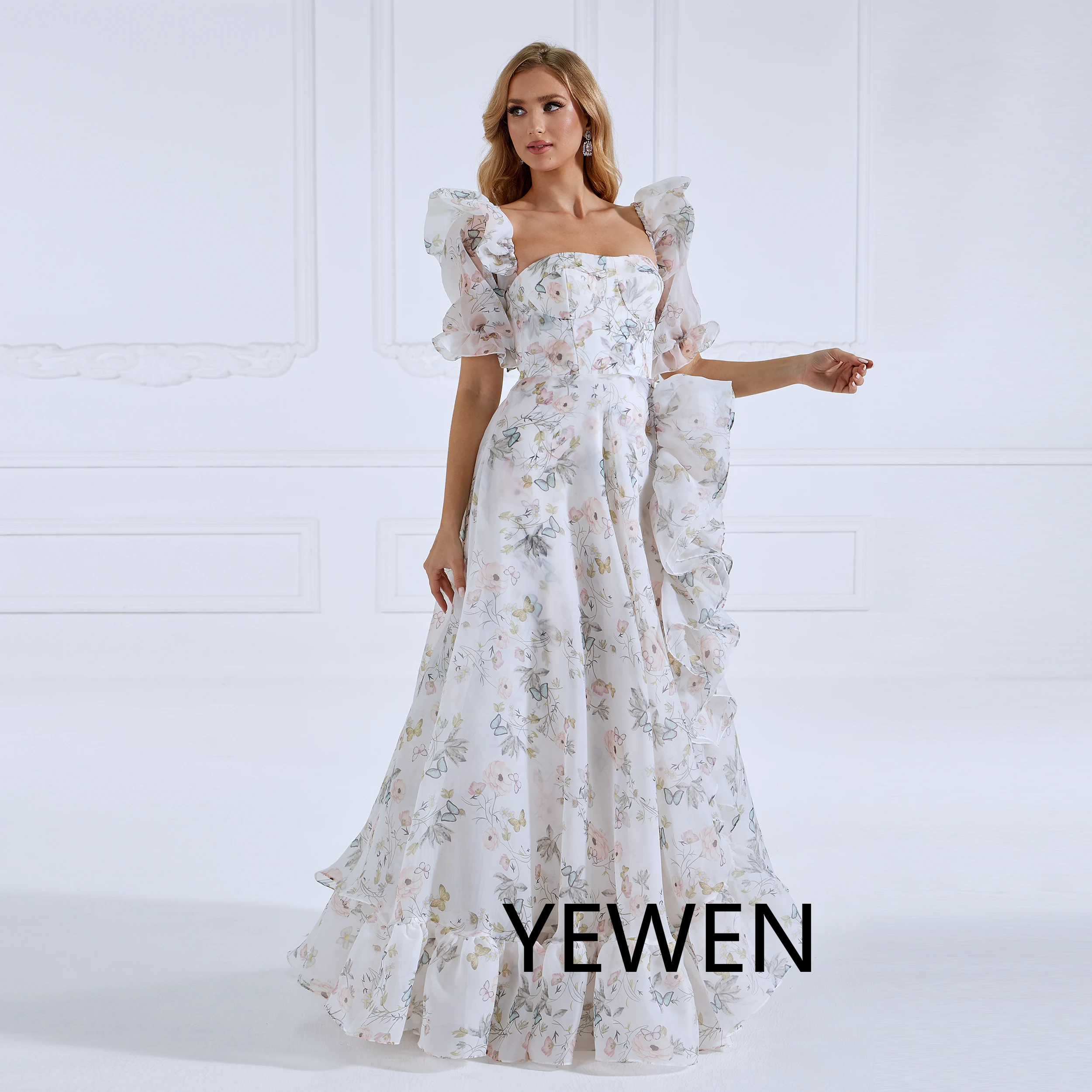 Floral Print Floor Length Prom Dress with Short Sleeves Photo Shoots Dress YEWEN #880