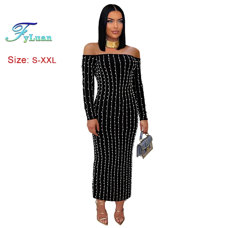 Europa Und Amerika Frauen Langes Kleid Elegante Langarm Set Diamanten, Figurbetontes Kleid Sexy Weg Von Der Schulter Einfarbig Prom Kleider