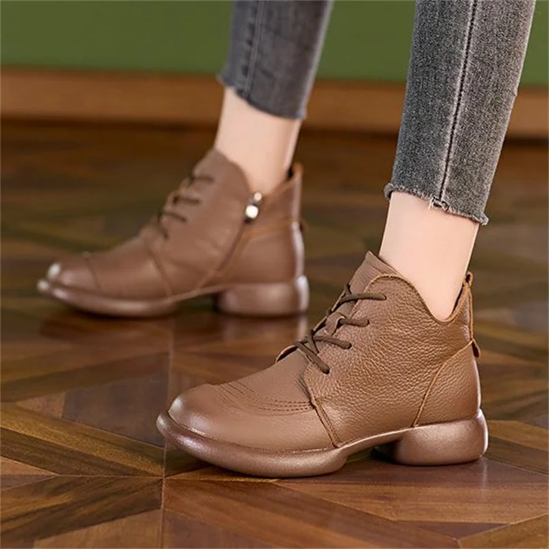 Classic Black Women Genuine Leather Boots Winter Warm Flat Heel Ankle Boots Ladies Round Toe Casual Leather Shoes 35 41