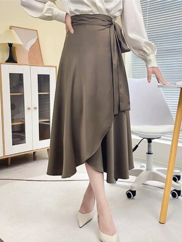 2026 الخريف مكتب سيدة أنيقة خمر الدانتيل يصل التنانير الحرير الاصطناعي الربيع النمط الفرنسي أنيقة مثير حمض الخليك الساتان تنورة