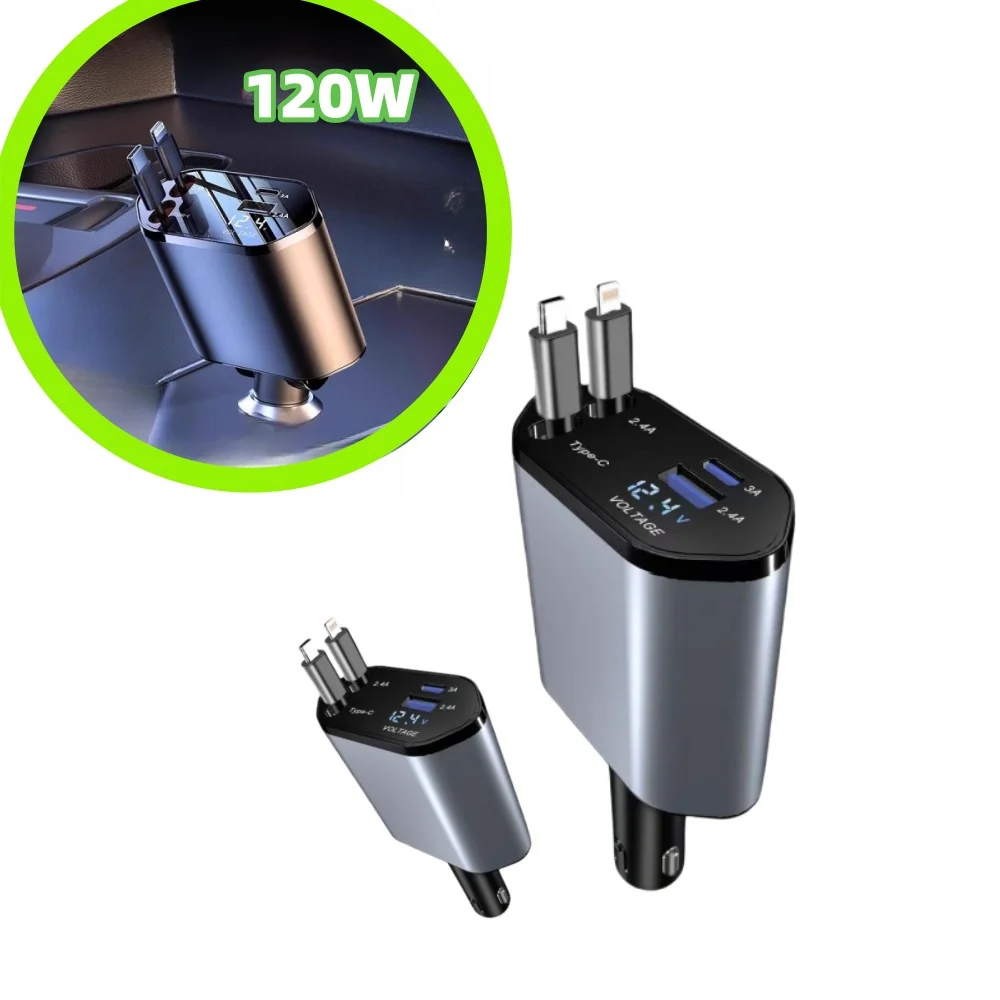 

120W 4 in 1 Retractable Car Charger Fast Charging USB C Dual Ports Compatible with iPhone Samsung Android phones and more