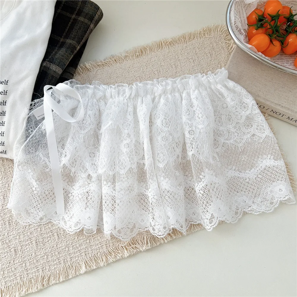 

Balletcore White Lace Fart Curtain Ballet Style Korean Style Ruffle Short Skirts Layered Flower Mini Lace Skirts Streetwear