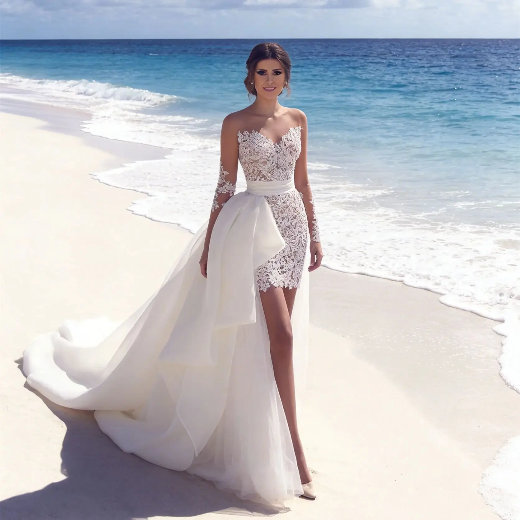 

Detachable Train Short Lace Wedding Dress Long Sleeve Bridal Gown for Bride