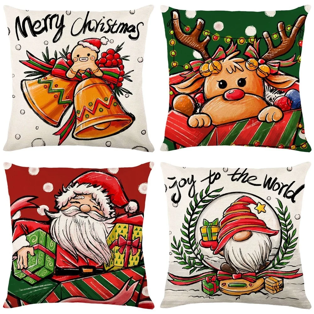 

Christmas Gifts Linen Cushion Cover 45x45 cm Pillow Case Xmas Decorations Robin Reindeer Santa Claus Pine Printed Pillow Cover