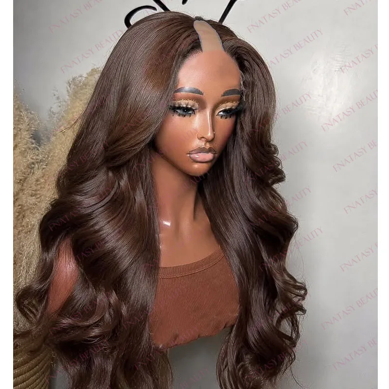 Chocolate Brown Super Wavy Peruvian Human Hair Long 28Inch Middle U Part Wigs for Black Women Glueless 200Density 1X4 V Part Wig