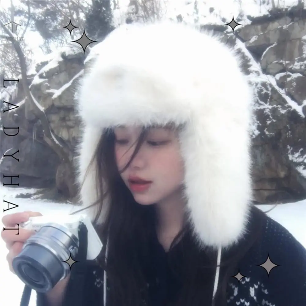 

Женская зимняя утолщенная теплая русская шапка, корейская модная ушанка, шапка-ушанка, шапка-бомбер из искусственного меха Y2K, ветрозащитная шапка-ушанка