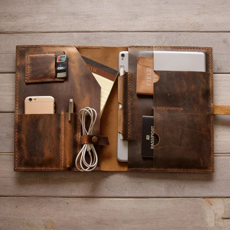 Vintage Leather Empty Bag Portable Phone Card Pen Pouch Multifunctional Mini Tablet Case Organizer 28.5*20.5cm