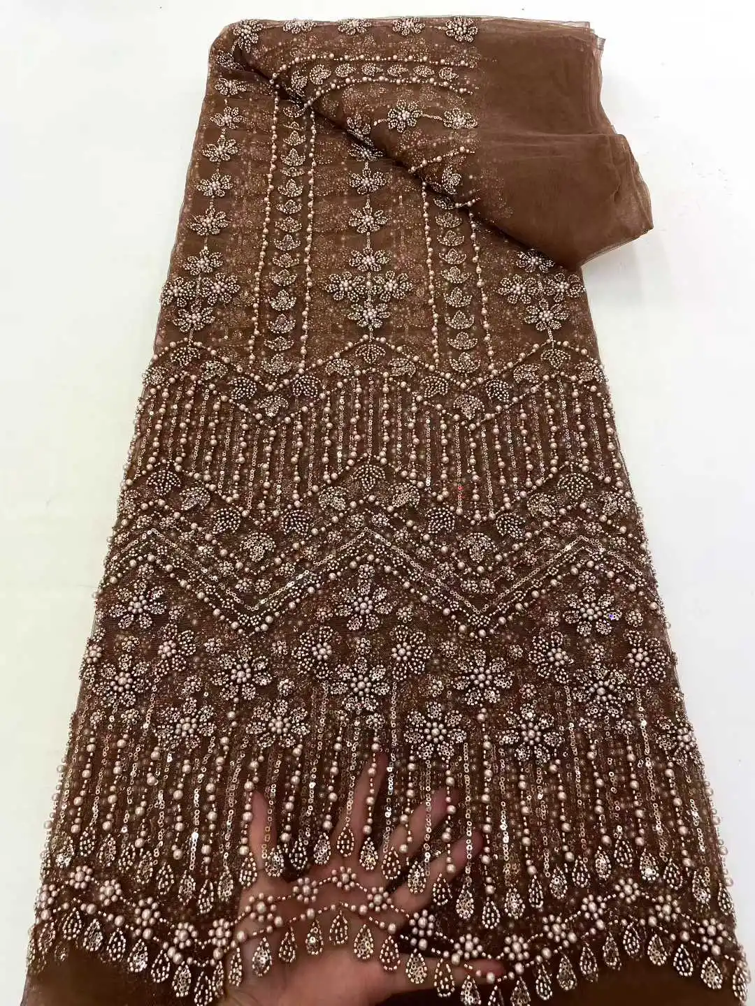 美しいナイジェリアのスパンコールパーティーレース、アフリカンビーズレース生地2025、高品質5ヤード、アフリカのフレンチチュールネットレース生地