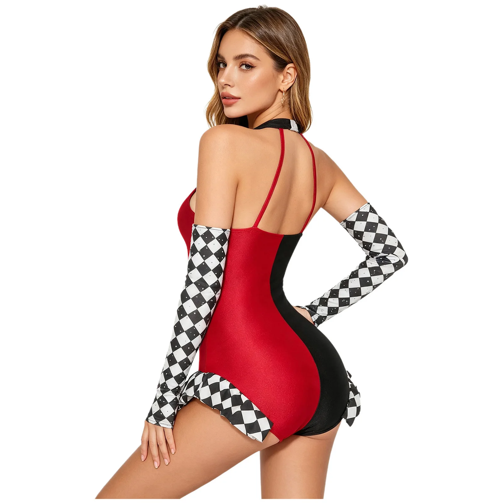 Womens Clown Cosplay Costume Halter Backless Ruffled Leotard with Rhinestone Checkerboard Gloves for Halloween Carnival Outfits view 4