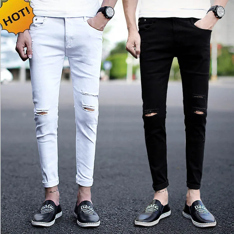 

New 2022 Spring Summer Distressed Men Knee Hole Male Feet Ankle-Length Jeans Teenagers Show Thin Black White Couple Pencil Pants