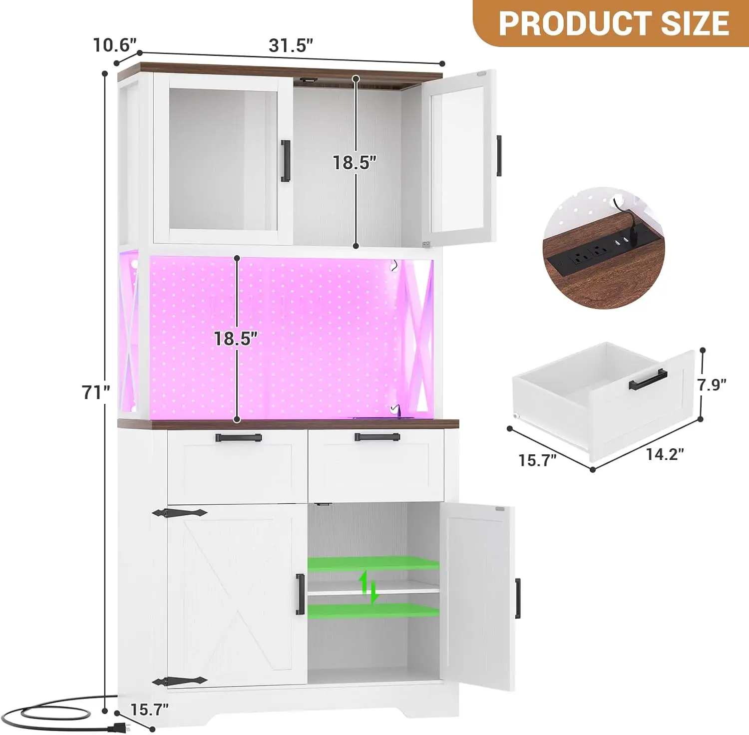 71 Inch Kitchen Pantry Cabinet LED Light Outlet Microwave Stand White Rustic DIY Pegboard Storage Drawers Adjustable Shelves Far