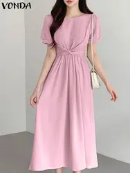 VONDA Summer Casual Loose Dress Women 2023 Elegant Solid Color Pleated Party Midi Sundress Short Sleeve Belted Beach Vestidos